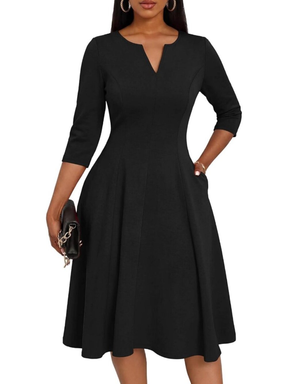 Chic A-Line Midi Dress for Women | Stylish Church Dress with Pockets